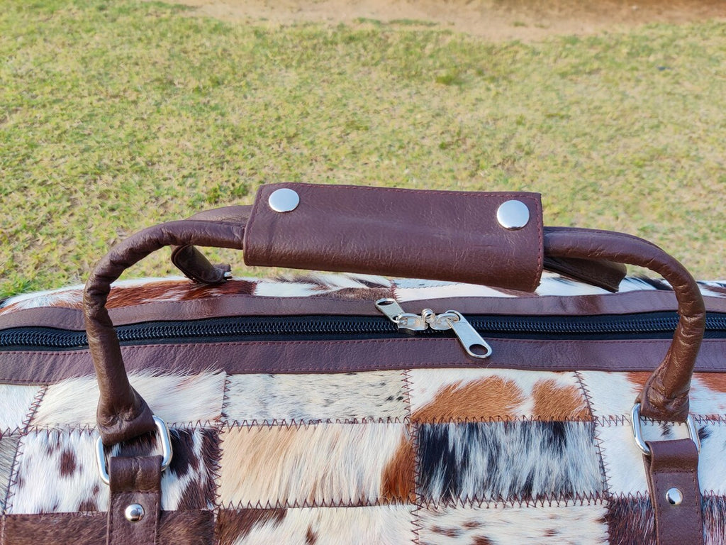 Patchwork Cowhide Leather Duffel Bag – Large Handmade Travel Weekender Bag | Black & White Hair-on-Hide Genuine Leather Overnight Tote by Pinnacle Vista