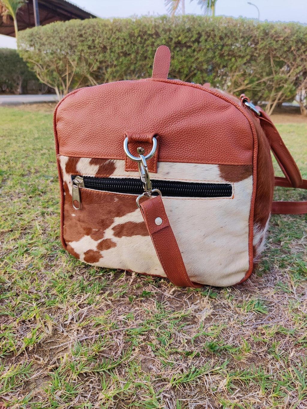 Brown & White Cowhide Leather Duffel Bag – Real Hair-on-Hide Travel, Gym, and Weekender Bag | Handmade Overnight Tote by Pinnacle Vista