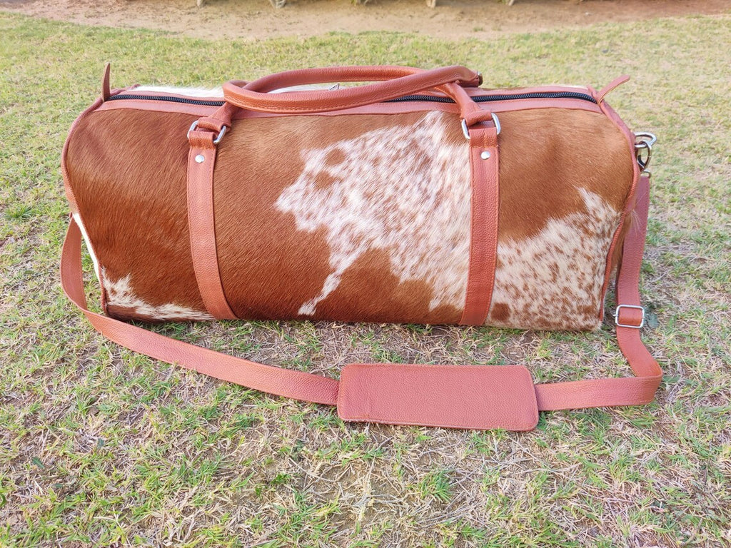 Brown & White Cowhide Leather Duffel Bag – Real Hair-on-Hide Travel, Gym, and Weekender Bag | Handmade Overnight Tote by Pinnacle Vista