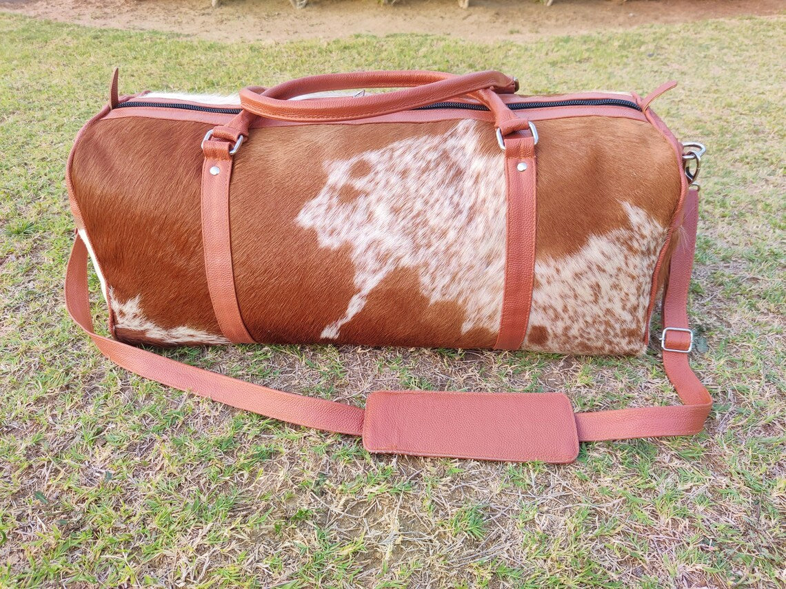 Brown & White Cowhide Leather Duffel Bag – Real Hair-on-Hide Travel, Gym, and Weekender Bag | Handmade Overnight Tote by Pinnacle Vista