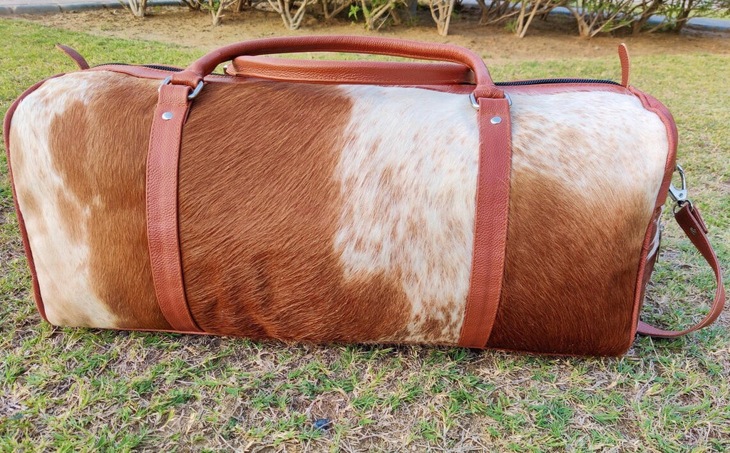 Brown & White Cowhide Leather Duffel Bag – Real Hair-on-Hide Travel, Gym, and Weekender Bag | Handmade Overnight Tote by Pinnacle Vista