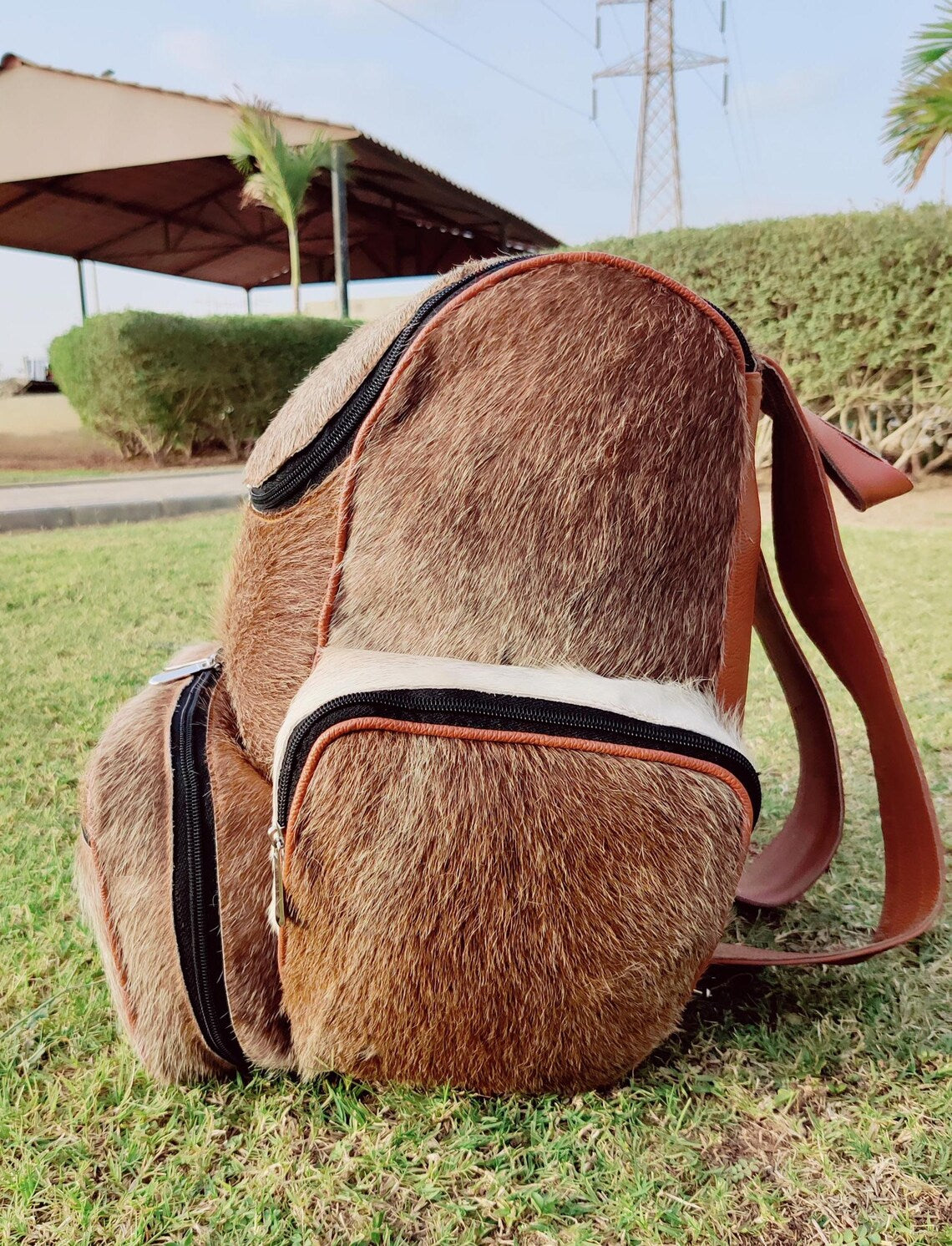 Natural Brown & White Cowhide Backpack – Real Leather Travel Bag, Diaper Bag, School or Shoulder Bag | Handmade Brindle Backpack Gift for Dad or Mom