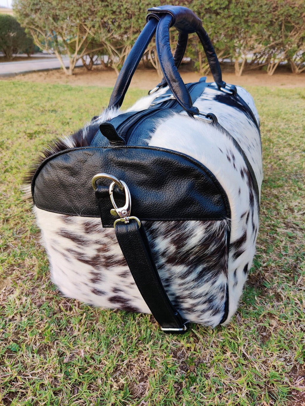 Salt & Pepper Cowhide Leather Duffel Bag – Real Hair-on-Hide Travel, Diaper, School, Gym or Shoulder Bag | Handmade Western Gift for Mom, Kids – Pinnacle Vista