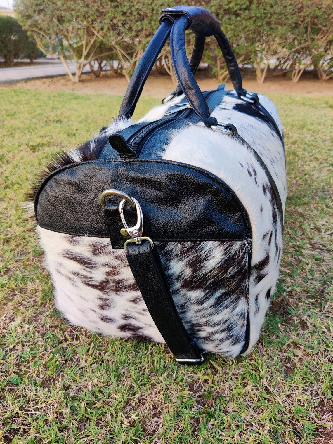 Salt & Pepper Cowhide Leather Duffel Bag – Real Hair-on-Hide Travel, Diaper, School, Gym or Shoulder Bag | Handmade Western Gift for Mom, Kids – Pinnacle Vista