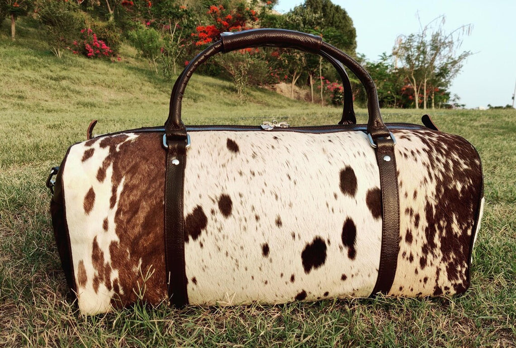 Tricolor Cowhide Leather Duffel Bag – Real Hair-on-Hide Weekend Travel Bag for Men & Women | Handmade Gym, Camping, Overnight Tote – Pinnacle Vista