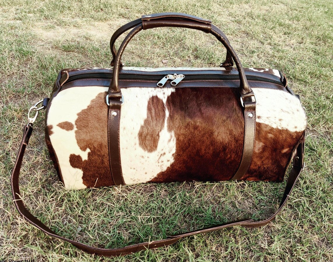 Tricolor Cowhide Leather Duffel Bag – Real Hair-on-Hide Weekend Travel Bag for Men & Women | Handmade Gym, Camping, Overnight Tote – Pinnacle Vista