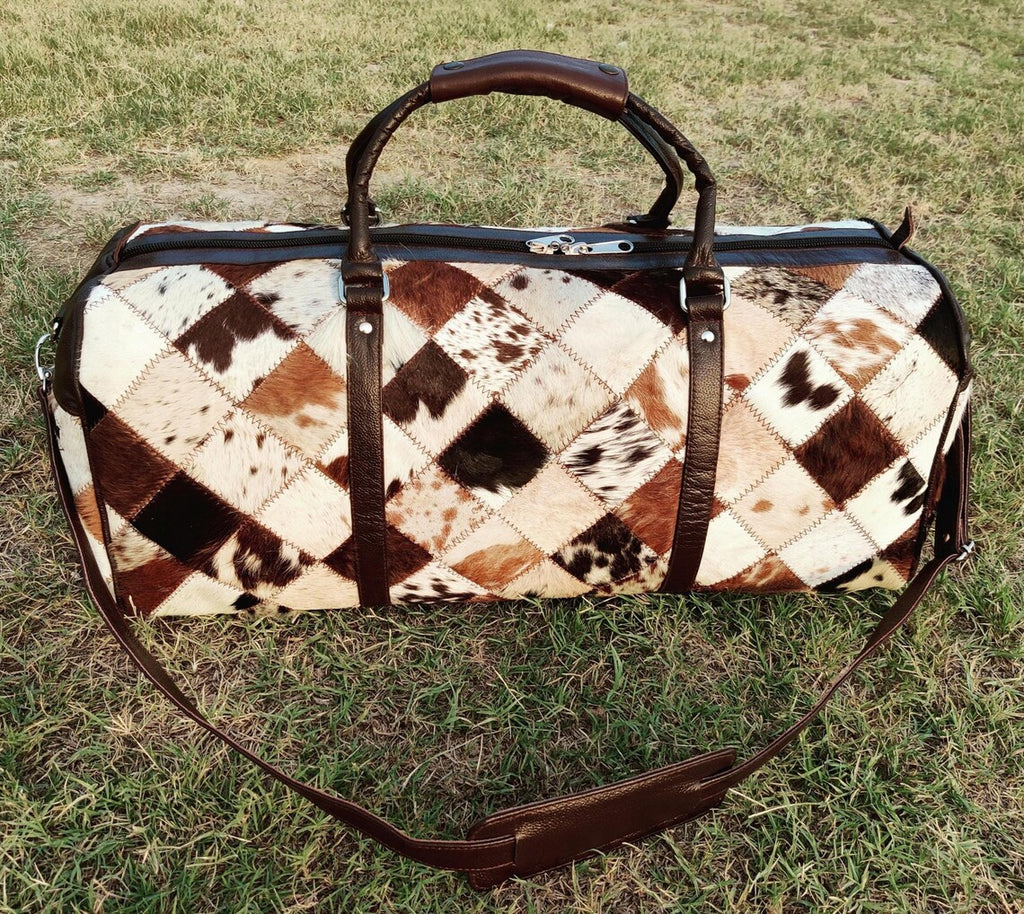 Large Tricolor Cowhide Duffle Bag – Handmade Genuine Leather Patchwork Travel Bag | Hair-on-Hide Overnight Weekend Bag for Men & Women by Pinnacle Vista