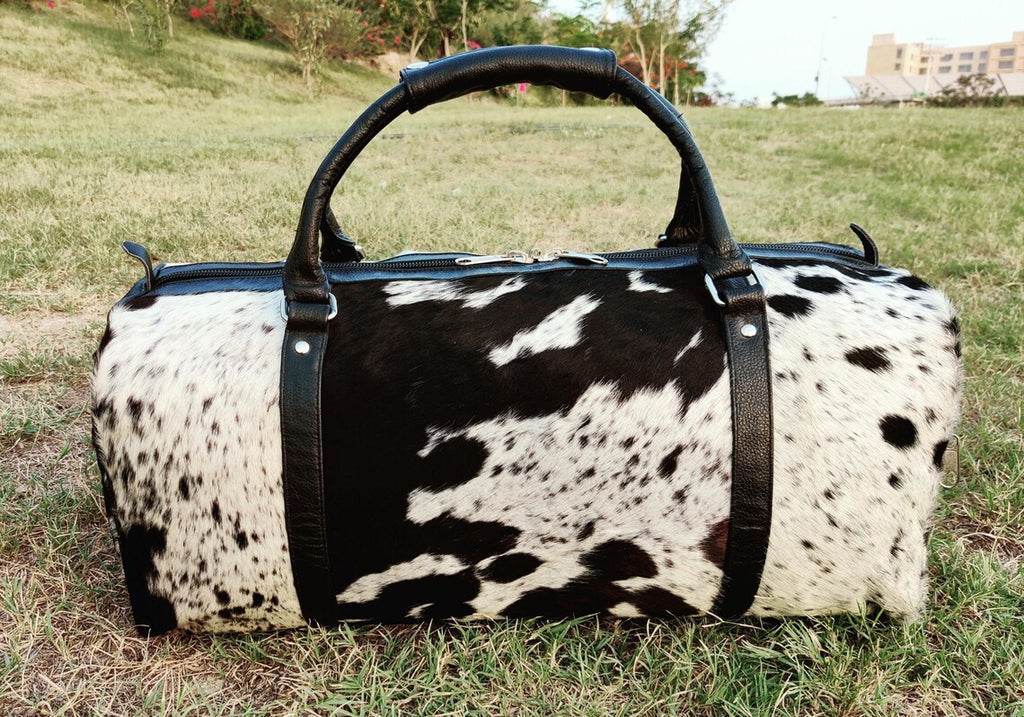Real Cowhide Leather Duffle Bag – Black & White Hair-on-Hide Travel Shoulder Bag | Western Diaper Bag, Gym Bag, Camping Tote for Men & Women by Pinnacle Vista