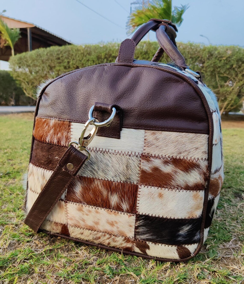 Patchwork Cowhide Leather Duffel Bag – Large Handmade Travel Weekender Bag | Black & White Hair-on-Hide Genuine Leather Overnight Tote by Pinnacle Vista