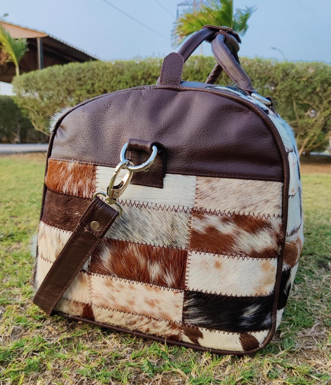 Patchwork Cowhide Leather Duffel Bag – Large Handmade Travel Weekender Bag | Black & White Hair-on-Hide Genuine Leather Overnight Tote by Pinnacle Vista