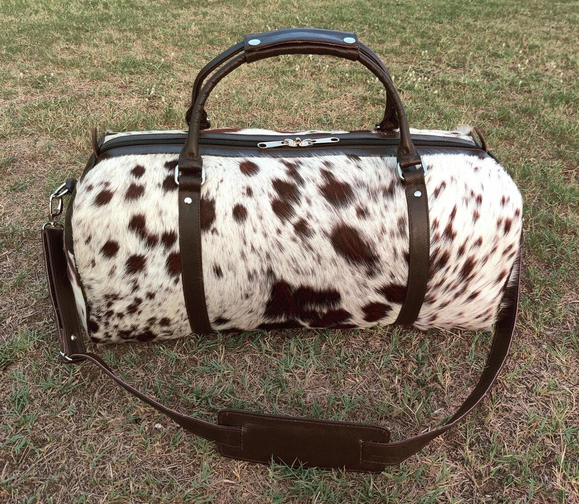 Tricolor Cowhide Leather Duffle Bag – Genuine Hair-on-Hide Large Travel Tote | Handmade Gym, Weekend, & Overnight Bag for Men & Women by Pinnacle Vista