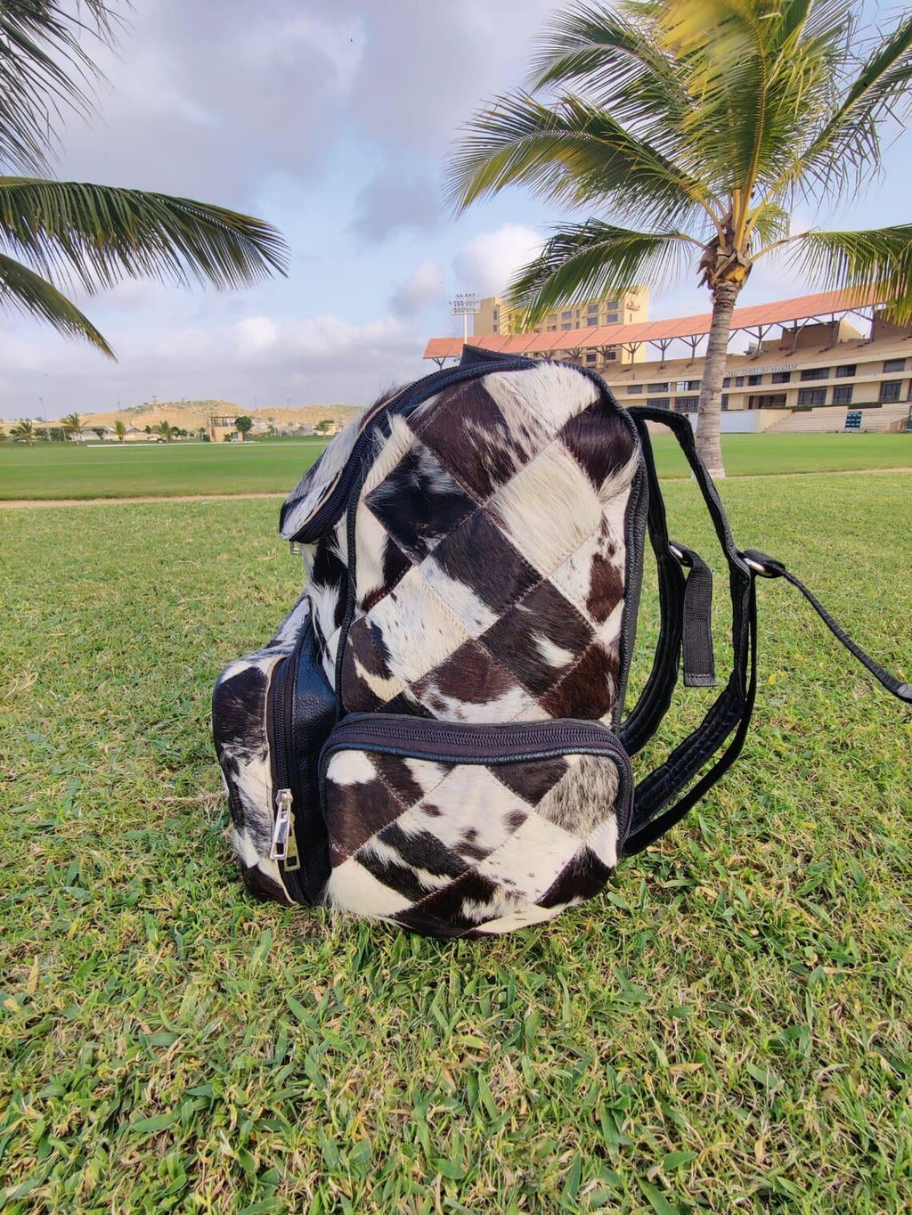Tricolor Cowhide Backpack – Handmade Natural Patchwork Travel Bag, Diaper Bag, School Bag | Western Leather Shoulder Bag Gift for Mom or Kids