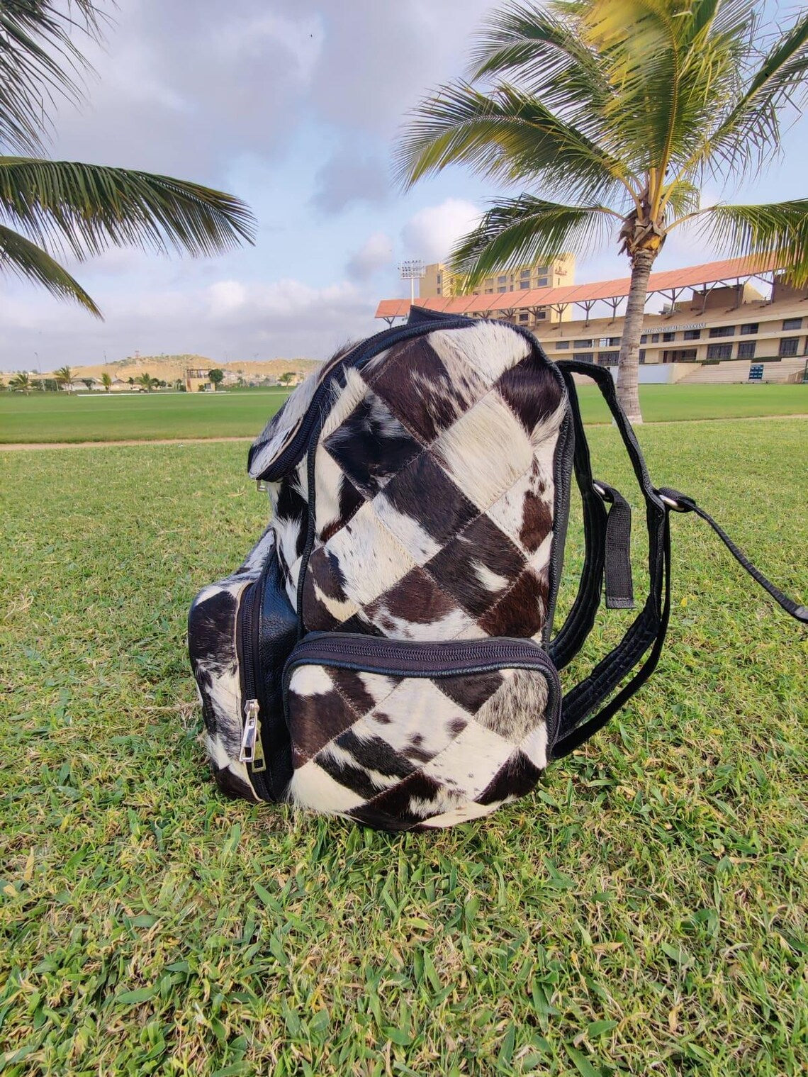 Tricolor Cowhide Backpack – Handmade Natural Patchwork Travel Bag, Diaper Bag, School Bag | Western Leather Shoulder Bag Gift for Mom or Kids