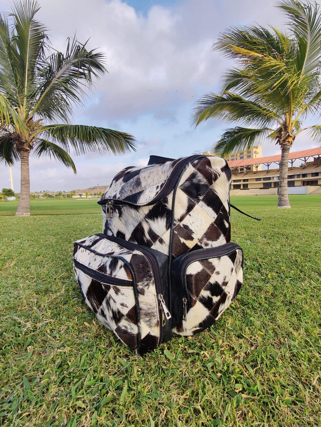 Tricolor Cowhide Backpack – Handmade Natural Patchwork Travel Bag, Diaper Bag, School Bag | Western Leather Shoulder Bag Gift for Mom or Kids