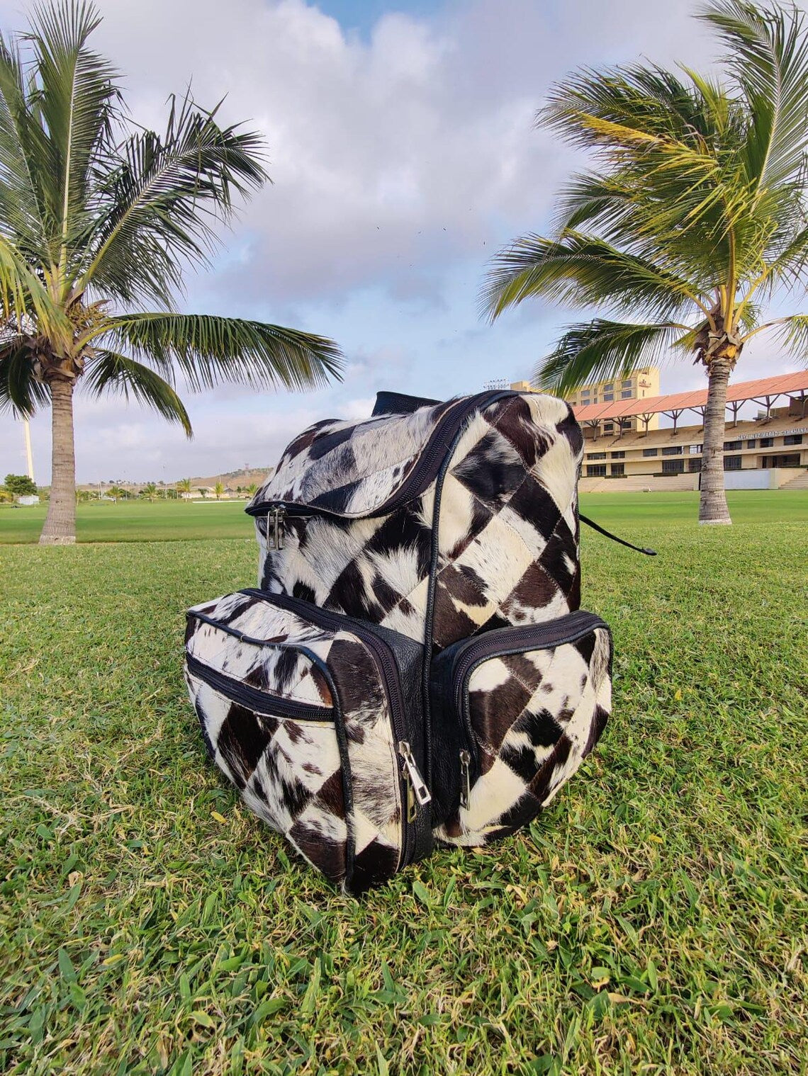 Tricolor Cowhide Backpack – Handmade Natural Patchwork Travel Bag, Diaper Bag, School Bag | Western Leather Shoulder Bag Gift for Mom or Kids