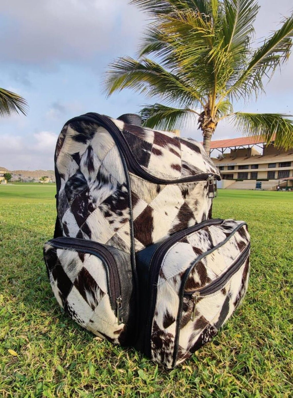 Tricolor Cowhide Backpack – Handmade Natural Patchwork Travel Bag, Diaper Bag, School Bag | Western Leather Shoulder Bag Gift for Mom or Kids