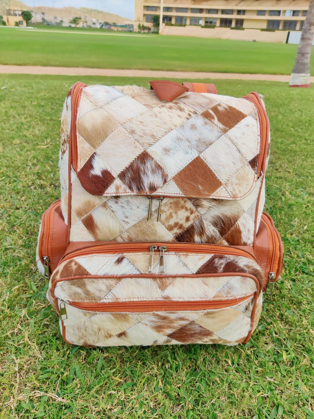 Tricolor Cowhide Patchwork Backpack – Real Leather Travel Bag | Diaper Bag | School Bag | Shoulder Bag | Western-Style Gift for Mom & Kids