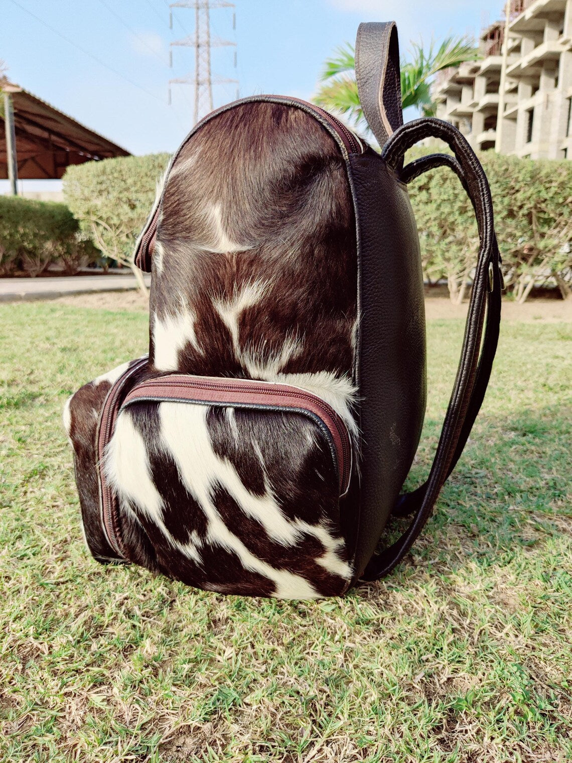 Real Tricolor Cowhide Leather Backpack – Handmade Hair-On Hide Black White Travel Bag | Panda Print Diaper Bag | Genuine Cowskin Shoulder Bag BG11