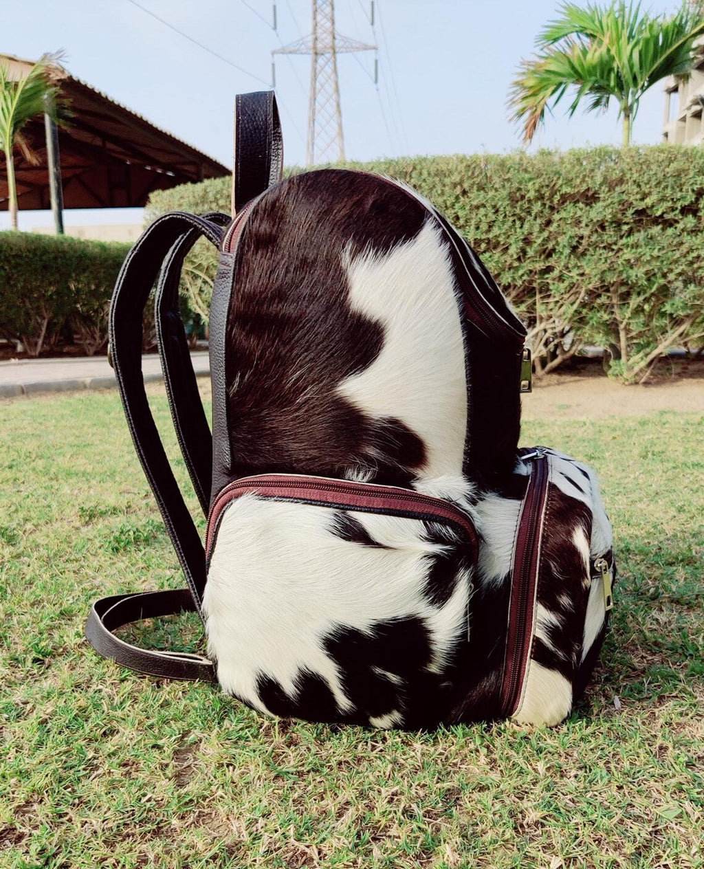 Real Tricolor Cowhide Leather Backpack – Handmade Hair-On Hide Black White Travel Bag | Panda Print Diaper Bag | Genuine Cowskin Shoulder Bag BG11