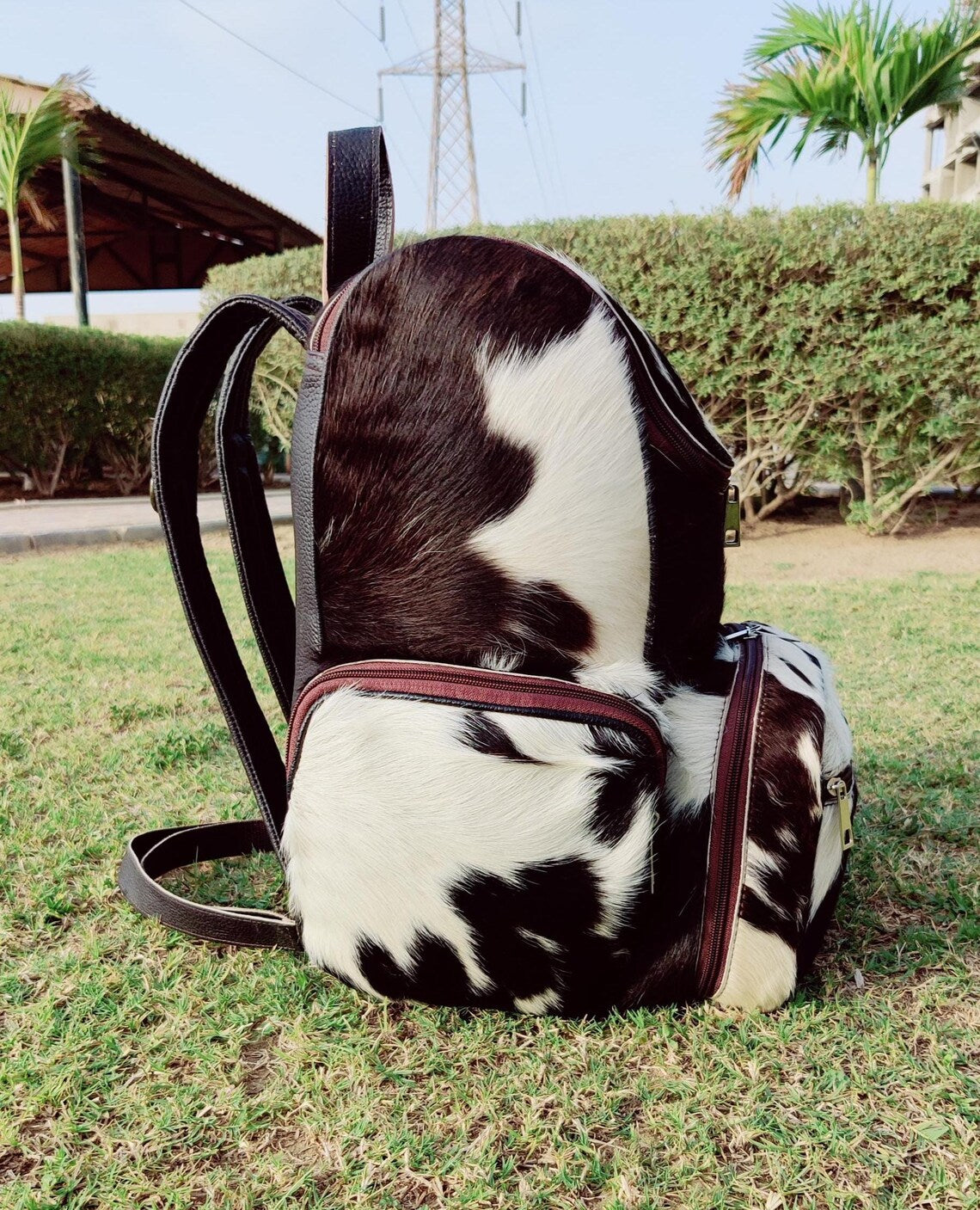 Real Tricolor Cowhide Leather Backpack – Handmade Hair-On Hide Black White Travel Bag | Panda Print Diaper Bag | Genuine Cowskin Shoulder Bag BG11