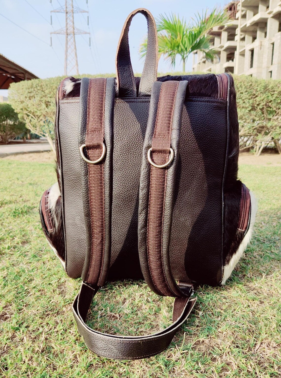 Real Tricolor Cowhide Leather Backpack – Handmade Hair-On Hide Black White Travel Bag | Panda Print Diaper Bag | Genuine Cowskin Shoulder Bag BG11
