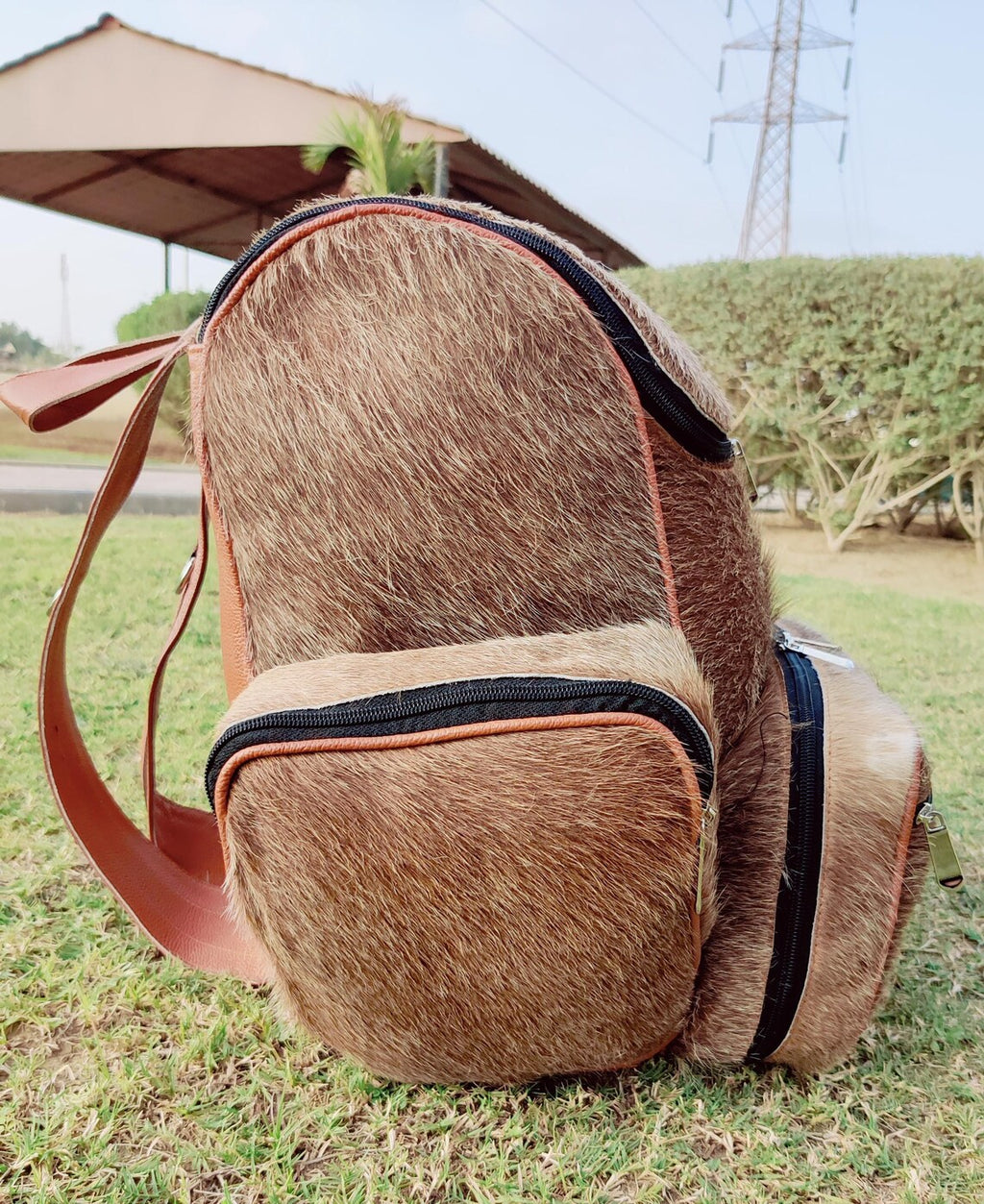 Natural Brown & White Cowhide Backpack – Real Leather Travel Bag, Diaper Bag, School or Shoulder Bag | Handmade Brindle Backpack Gift for Dad or Mom