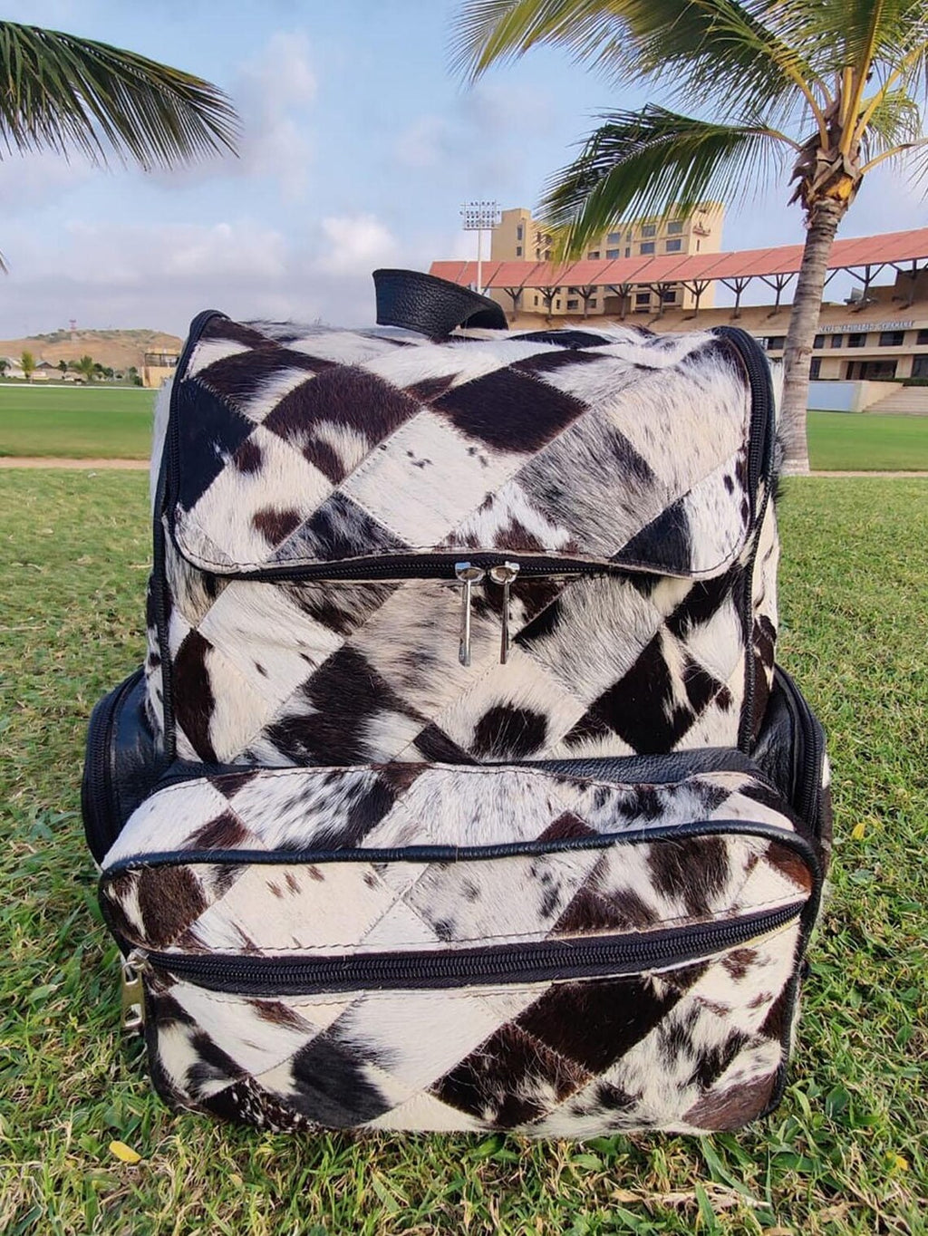 Tricolor Cowhide Backpack – Handmade Natural Patchwork Travel Bag, Diaper Bag, School Bag | Western Leather Shoulder Bag Gift for Mom or Kids