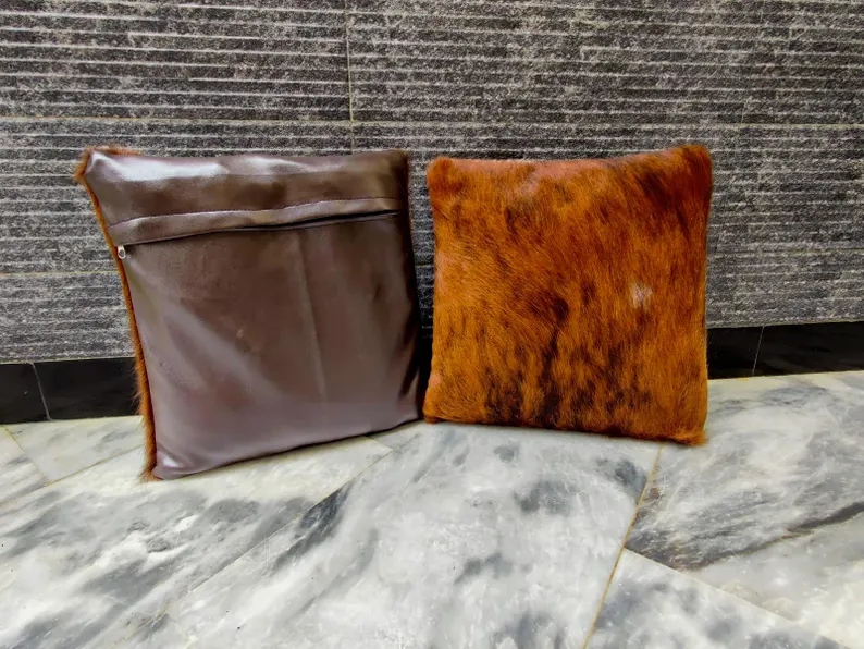 Brindle Cowhide Pillow Covers Set – 16x16 Genuine Hair-on-Hide Throw Pillowcases | Rustic Leather Cushion Covers by PinnacleVista