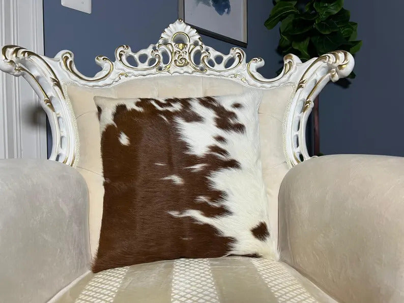 Brown & White Cowhide Pillow Covers Set – 16x16 Hair-on-Hide Throw Cushion Covers | Real Brazilian Leather Decorative Pillows by PinnacleVista