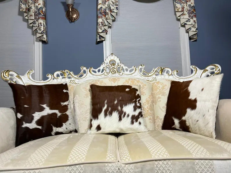 Brown & White Cowhide Pillow Covers Set – 16x16 Hair-on-Hide Throw Cushion Covers | Real Brazilian Leather Decorative Pillows by PinnacleVista