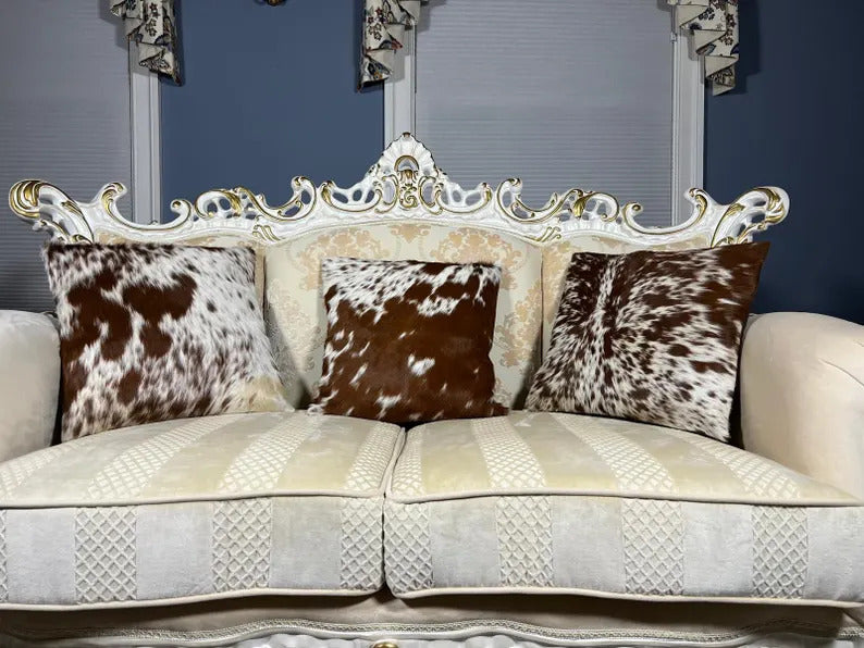 Brown & White Cowhide Pillow Covers Set – 16x16 Hair-on-Hide Throw Cushion Covers | Real Brazilian Leather Decorative Pillows by PinnacleVista