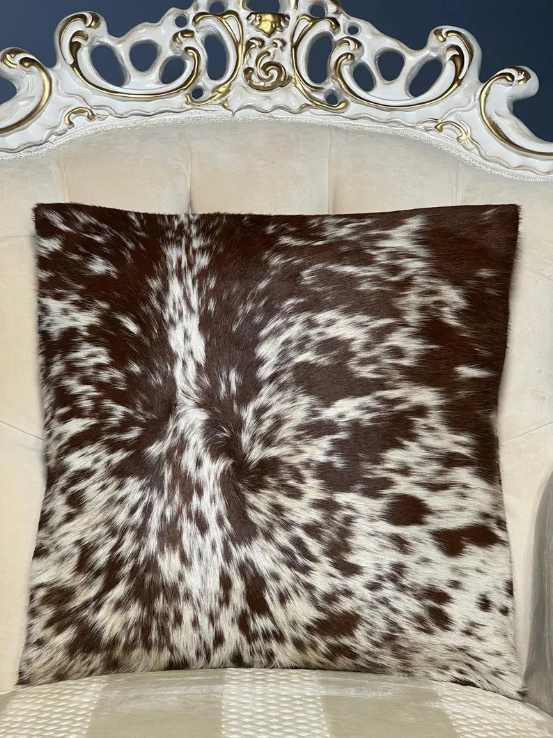 Brown & White Cowhide Pillow Covers Set – 16x16 Hair-on-Hide Throw Cushion Covers | Real Brazilian Leather Decorative Pillows by PinnacleVista