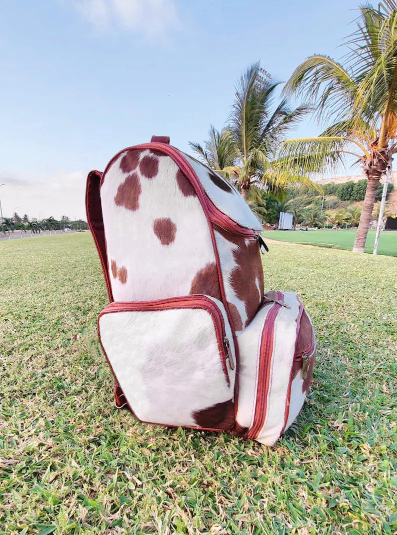 Tricolor Black Brown & White  Cowhide Leather Backpack – Handmade Gray Hair-on-Hide Travel, Diaper, or School Bag | Western Style Shoulder Bag by Pinnacle Vista (BG01)