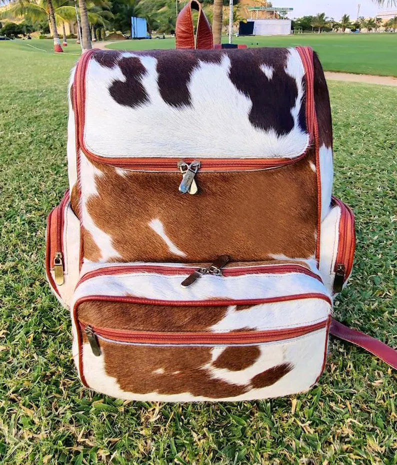 Tricolor Black Brown & White  Cowhide Leather Backpack – Handmade Gray Hair-on-Hide Travel, Diaper, or School Bag | Western Style Shoulder Bag by Pinnacle Vista (BG01)