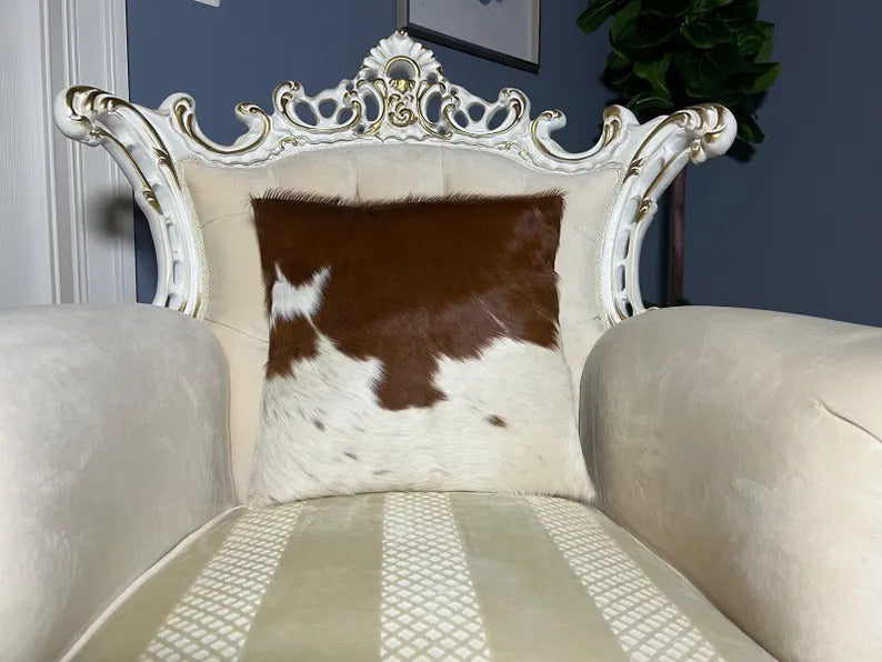 Brown & White Cowhide Pillow Covers Set – 16x16 Hair-on-Hide Throw Cushion Covers | Real Brazilian Leather Decorative Pillows by PinnacleVista