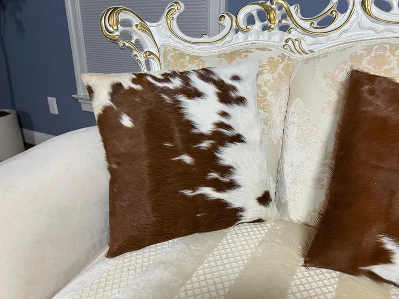 Brown & White Cowhide Pillow Covers Set – 16x16 Hair-on-Hide Throw Cushion Covers | Real Brazilian Leather Decorative Pillows by PinnacleVista
