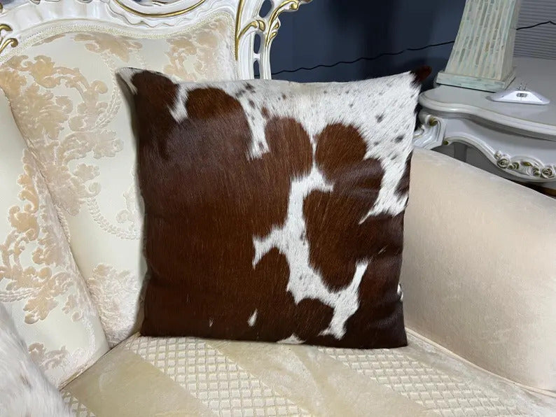 Brown & White Cowhide Pillow Covers Set – 16x16 Hair-on-Hide Throw Cushion Covers | Real Brazilian Leather Decorative Pillows by PinnacleVista