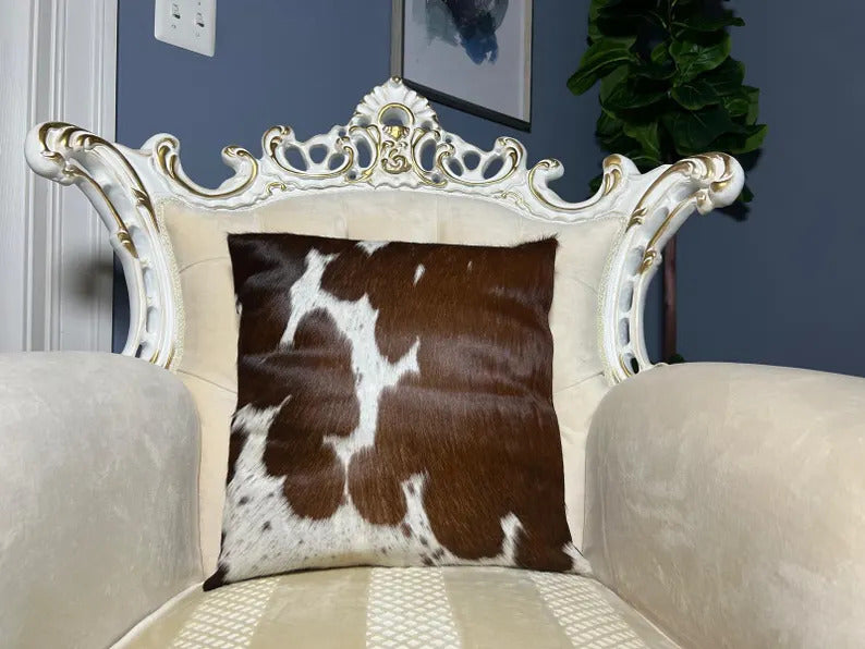 Brown & White Cowhide Pillow Covers Set – 16x16 Hair-on-Hide Throw Cushion Covers | Real Brazilian Leather Decorative Pillows by PinnacleVista