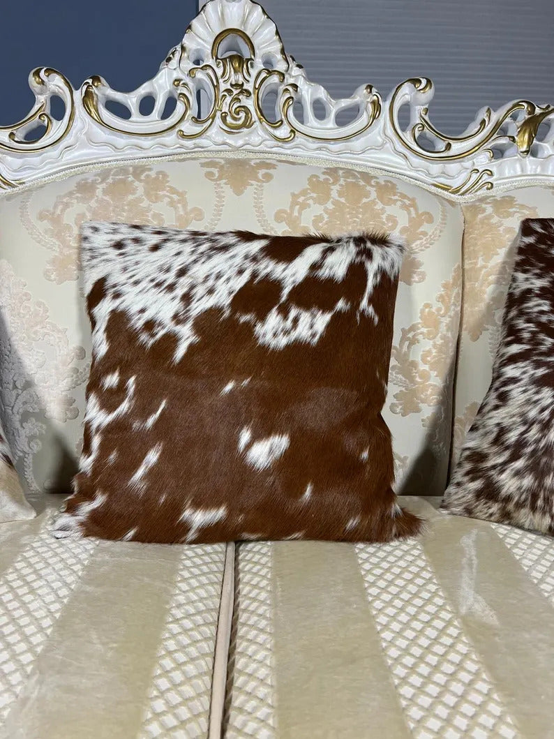 Brown & White Cowhide Pillow Covers Set – 16x16 Hair-on-Hide Throw Cushion Covers | Real Brazilian Leather Decorative Pillows by PinnacleVista