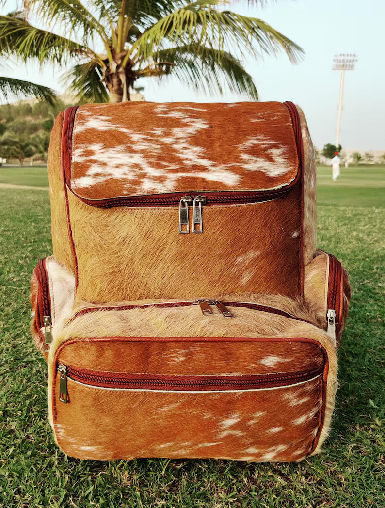 Tricolor Cowhide Leather Backpack – Handmade Brindle Hair-on-Hide Travel, School, or Diaper Bag | Western Shoulder Bag Gift for Mom & Kids (BG-07)