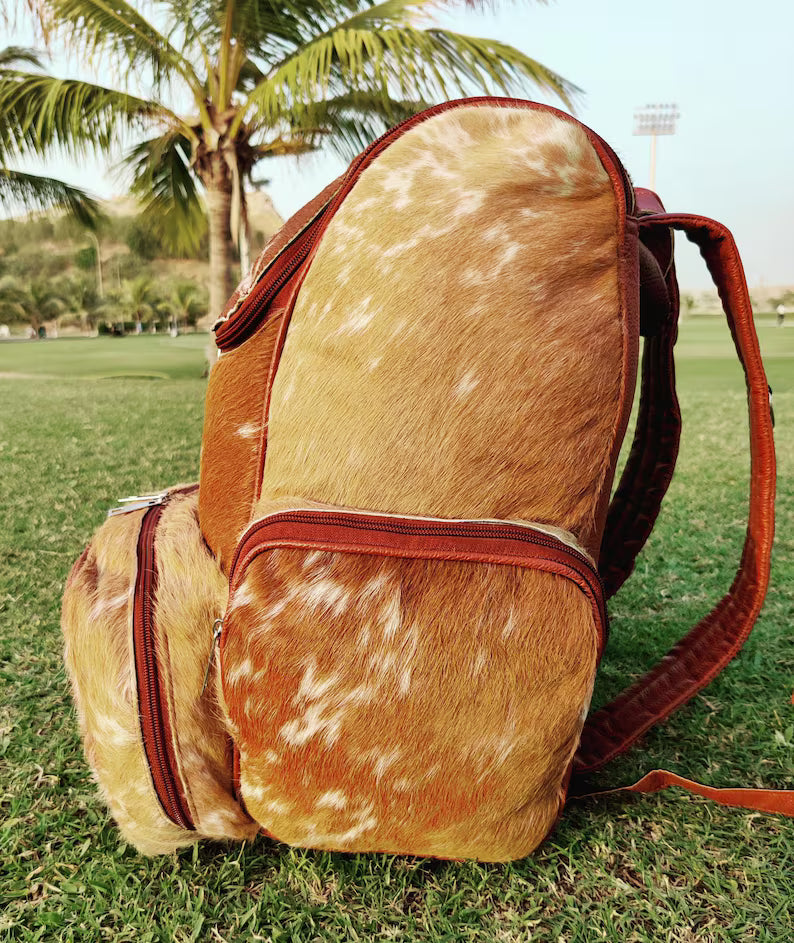 Tricolor Cowhide Leather Backpack – Handmade Brindle Hair-on-Hide Travel, School, or Diaper Bag | Western Shoulder Bag Gift for Mom & Kids (BG-07)