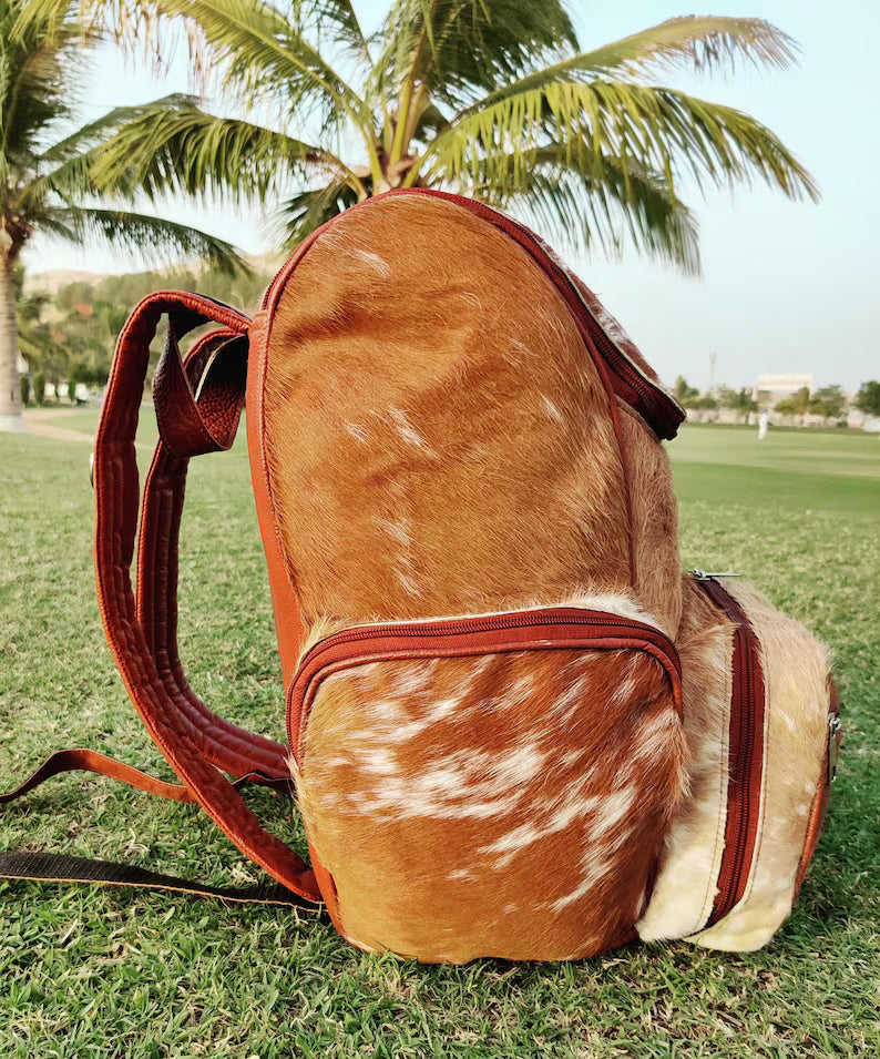 Tricolor Cowhide Leather Backpack – Handmade Brindle Hair-on-Hide Travel, School, or Diaper Bag | Western Shoulder Bag Gift for Mom & Kids (BG-07)
