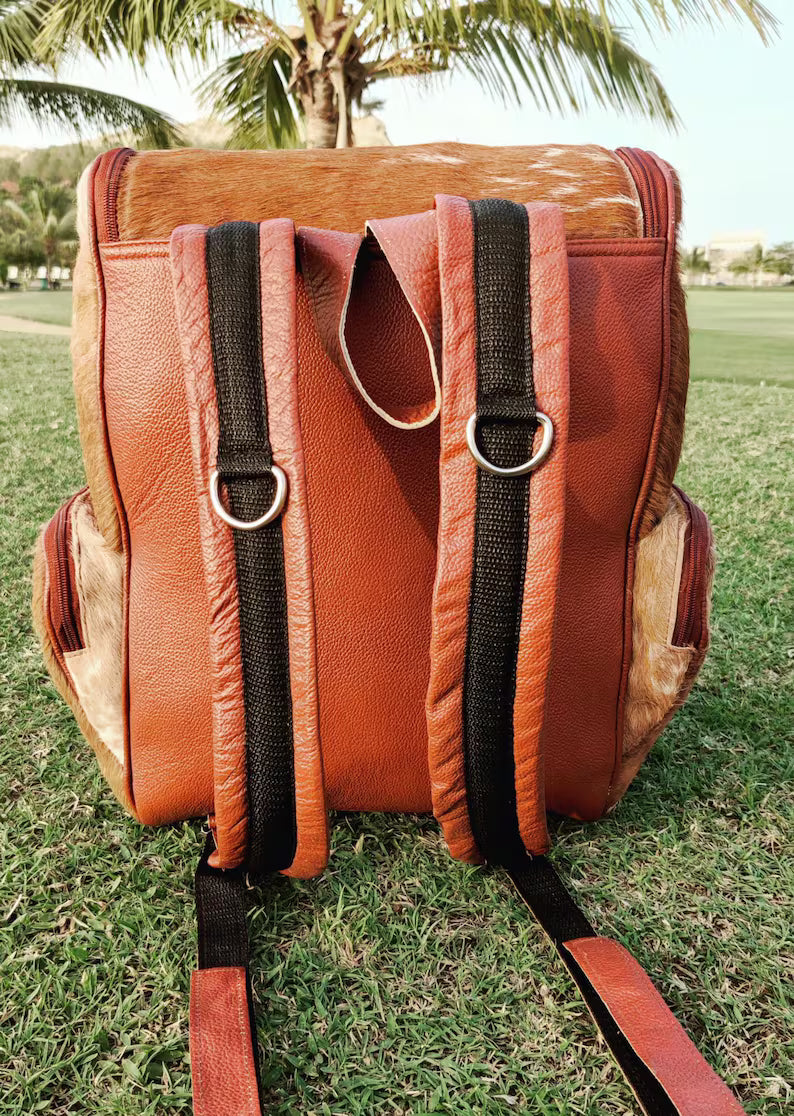 Tricolor Cowhide Leather Backpack – Handmade Brindle Hair-on-Hide Travel, School, or Diaper Bag | Western Shoulder Bag Gift for Mom & Kids (BG-07)