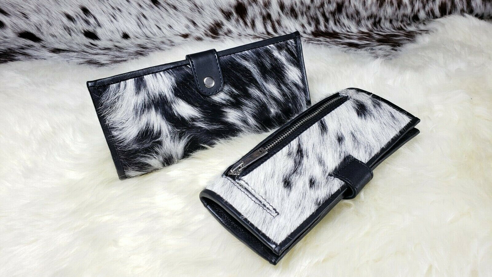 Cowhide Wallets for Women Slim Wallet Bifold Black Leather Zipper Clutch Purse Real Cow Hide Fur Purse Wallet Handbag  Gifts for Her