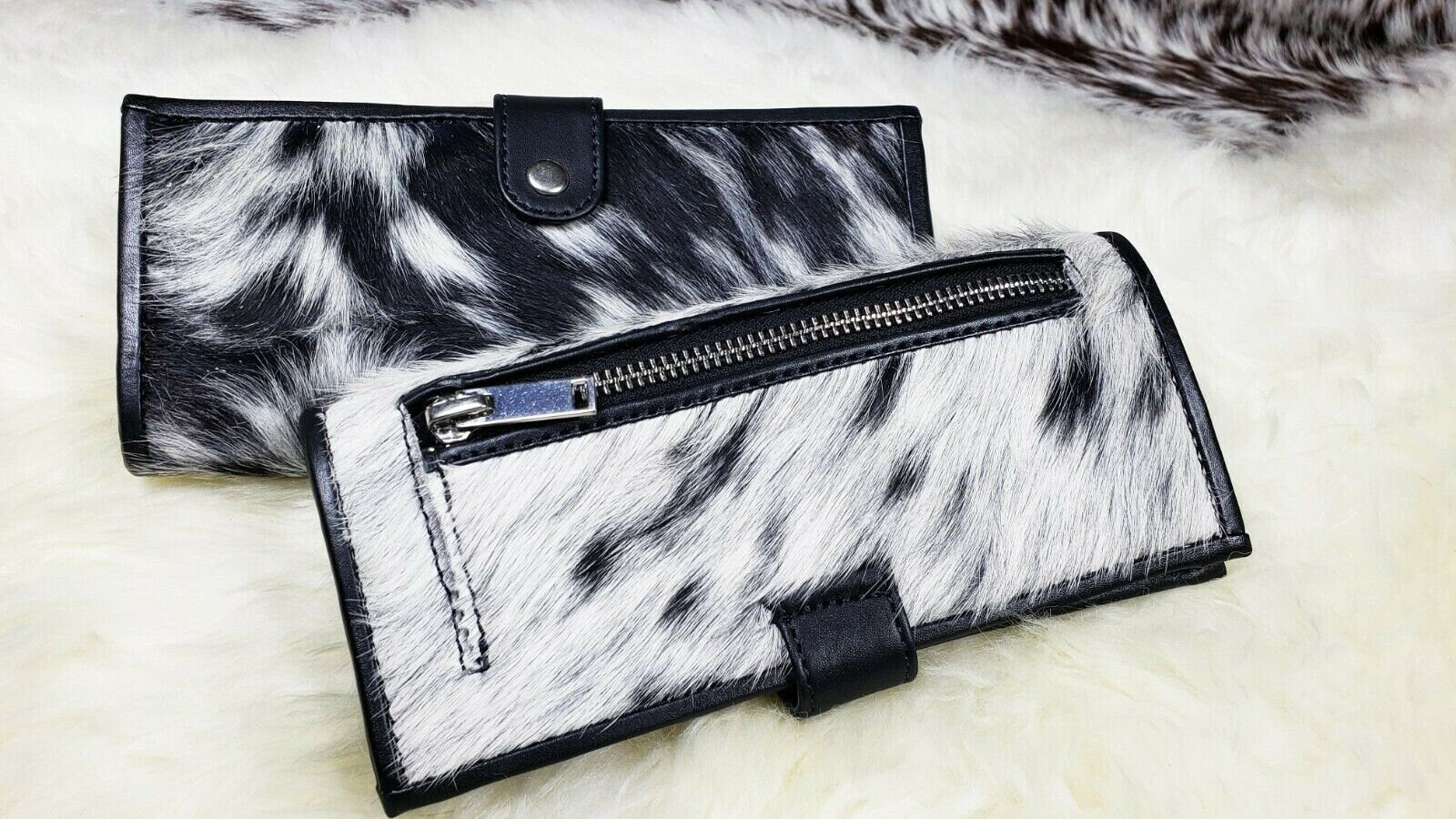 Cowhide Wallets for Women Slim Wallet Bifold Black Leather Zipper Clutch Purse Real Cow Hide Fur Purse Wallet Handbag  Gifts for Her