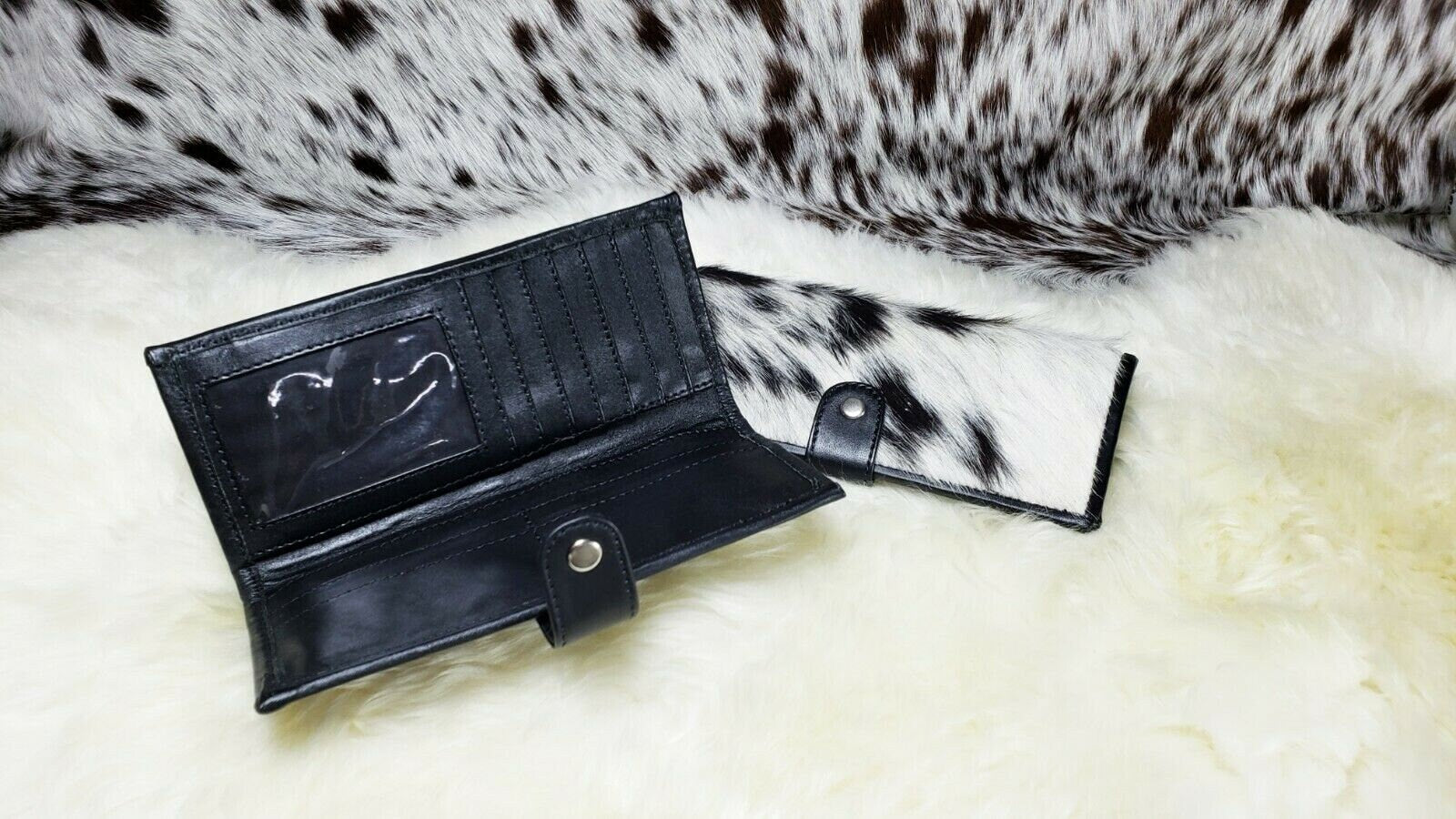 Cowhide Wallets for Women Slim Wallet Bifold Black Leather Zipper Clutch Purse Real Cow Hide Fur Purse Wallet Handbag  Gifts for Her