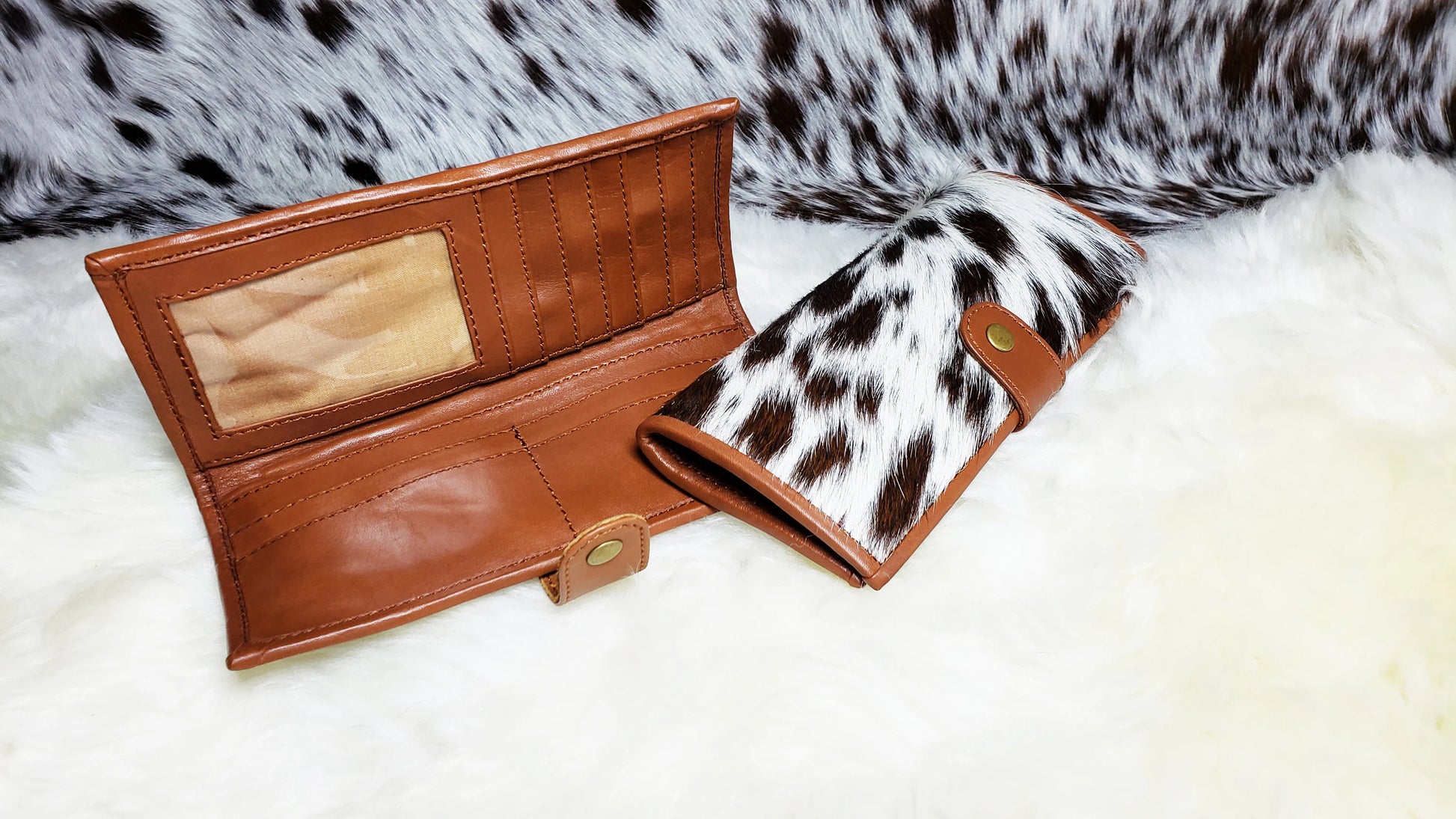 Cowhide Wallets for Women Slim Wallet Bifold Black Leather Zipper Clutch Purse Real Cow Hide Fur Purse Wallet Handbag  Gifts for Her