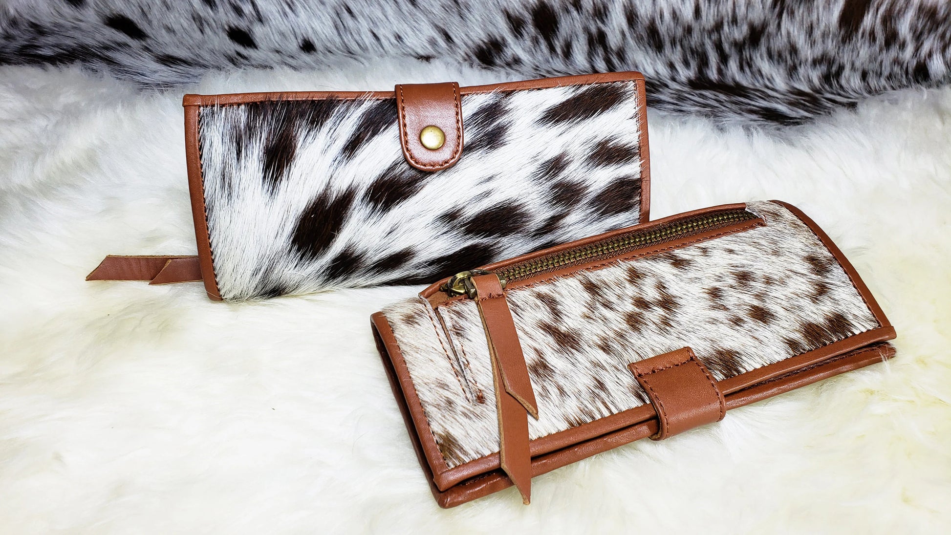 Cowhide Wallets for Women Slim Wallet Bifold Black Leather Zipper Clutch Purse Real Cow Hide Fur Purse Wallet Handbag  Gifts for Her