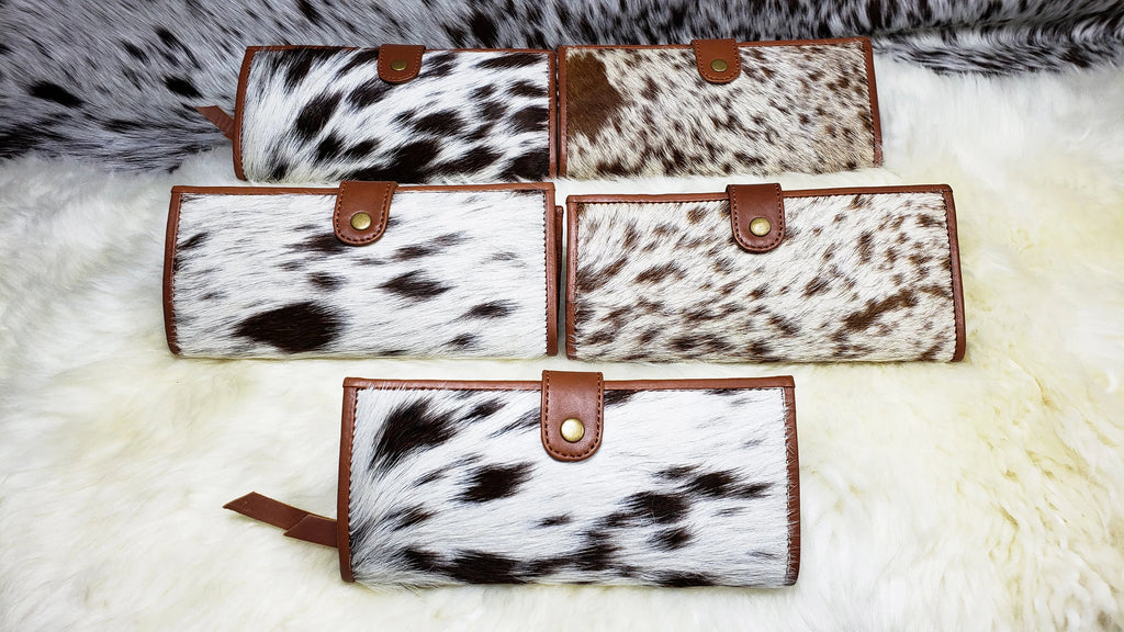 Cowhide Wallets for Women Slim Wallet Bifold Black Leather Zipper Clutch Purse Real Cow Hide Fur Purse Wallet Handbag  Gifts for Her