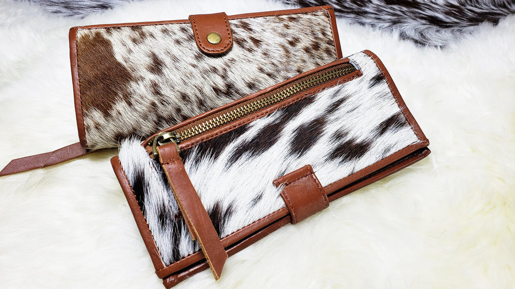 Cowhide Wallets for Women Slim Wallet Bifold Black Leather Zipper Clutch Purse Real Cow Hide Fur Purse Wallet Handbag  Gifts for Her